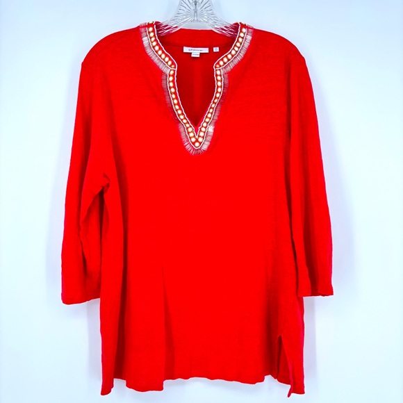 Chico's Sz Large Linen Orange Embellished Tunic 3/4 Sleeve Style 570366089 - Picture 1 of 6